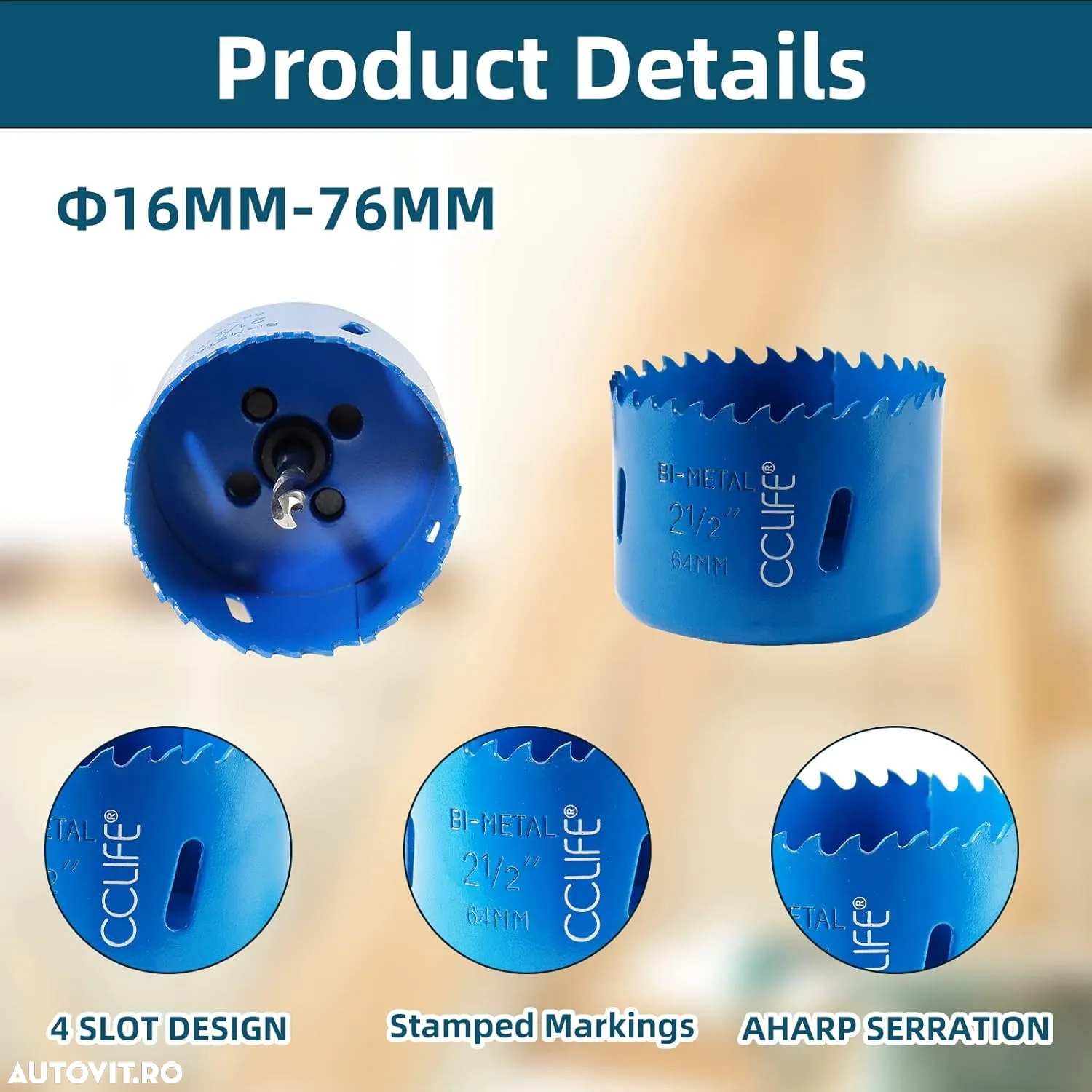 Trusa carote bi-metal M3 HSS-CO, pentru găurirea oțelului inoxidabil, metal ușor, lemn, PVC, plastic etc., 16-76mm adâncime de tăiere 38mm, 18 piese - 5