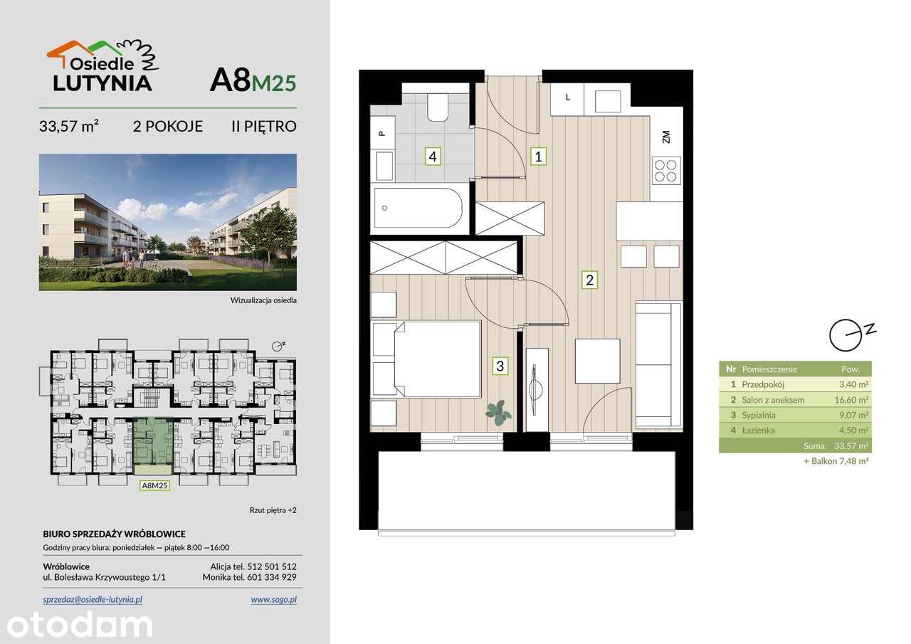 2 pokoje | 33,57 m² | DUŻY balkon 7,48 m2 | kawalerka