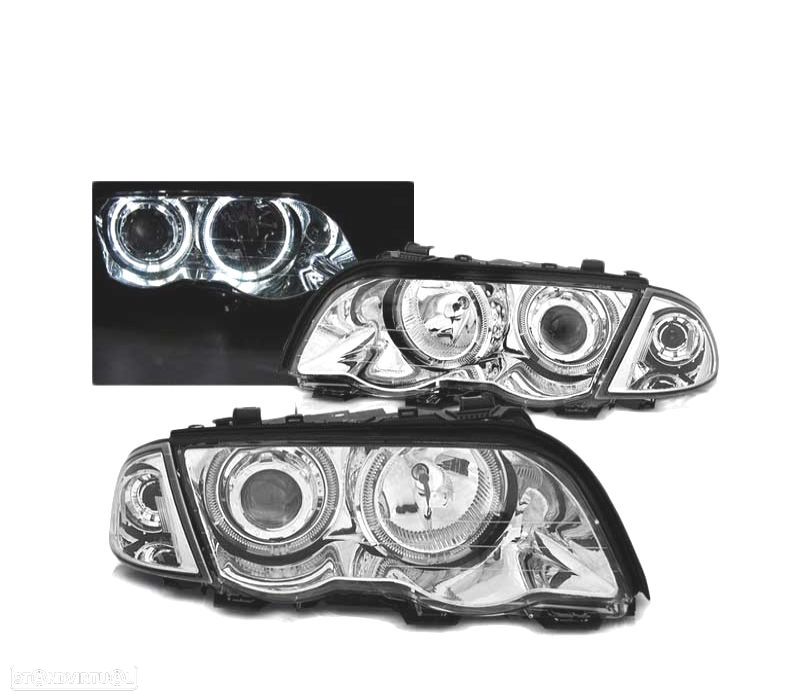FARÓIS BMW E46 98-01 ANGEL EYES LED CHROME CROMADO - 1