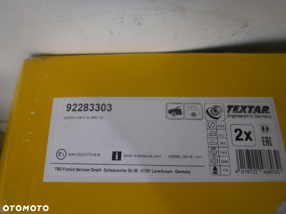honda crv cr-v iv 12r- tarcze przód 315 mm textar - 2