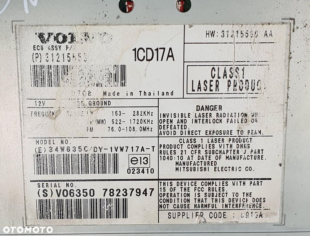 RADIO CZYTNIK ODTWARZACZ PŁYT CD VOLVO V50 31215559 - 3