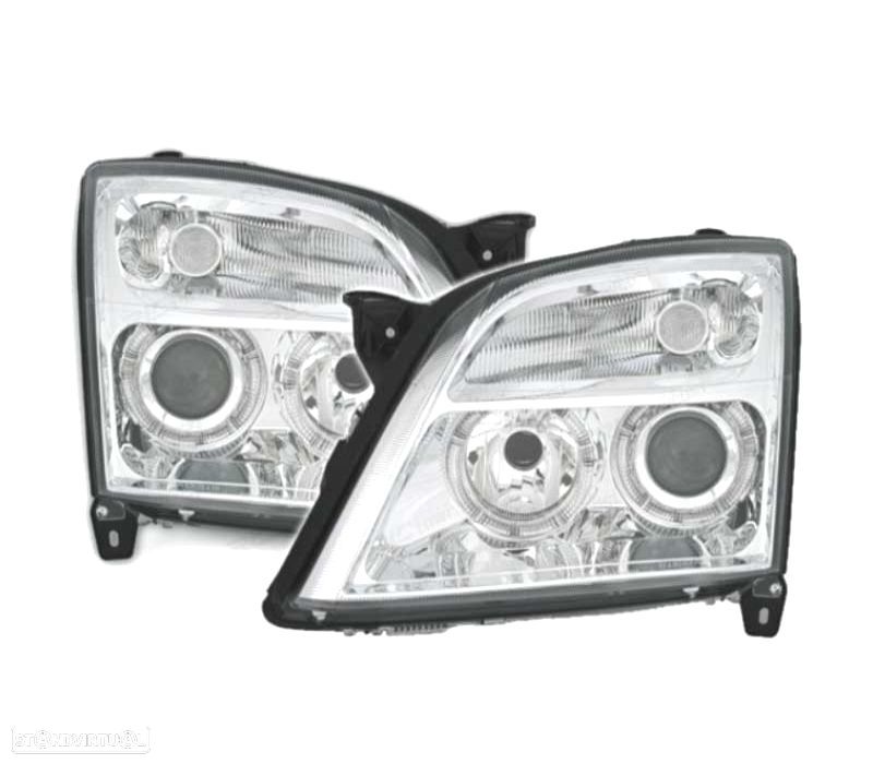 FARÓIS FRONTAIS ANGEL EYES PARA OPEL VECTRA C 02-05 E OPEL SIGNUM 03-05. FUNDO CROMADO - 1