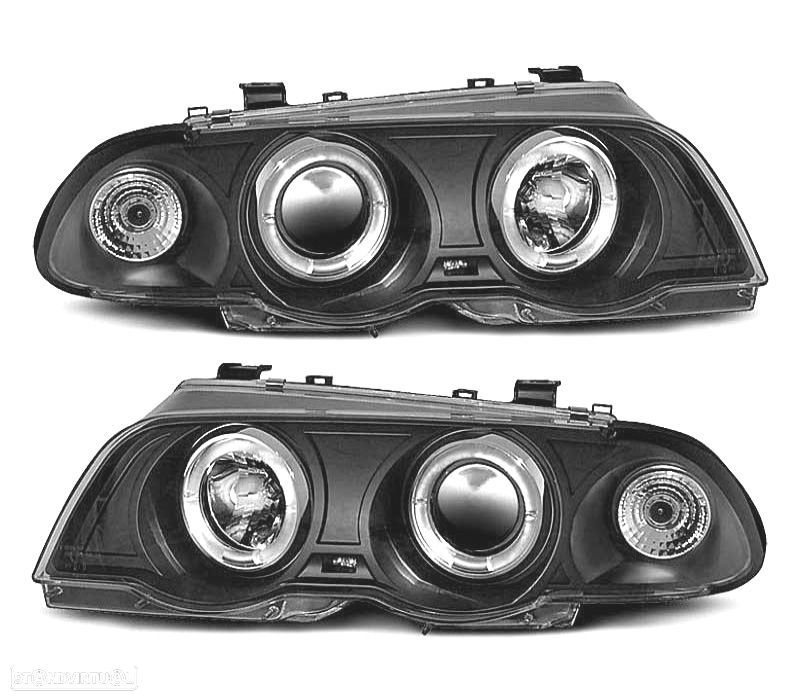 FARÓIS BMW E46 98-01 ANGEL EYES CCFL FUNDO PRETO H1 H1 4 PORTAS - 1
