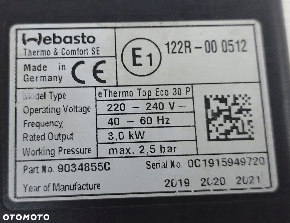 WEBASTO ELEKTRYCZNE OGRZEWANIE 3.0 KW ETHERMO TOP ECO 30P 9034855C - 6