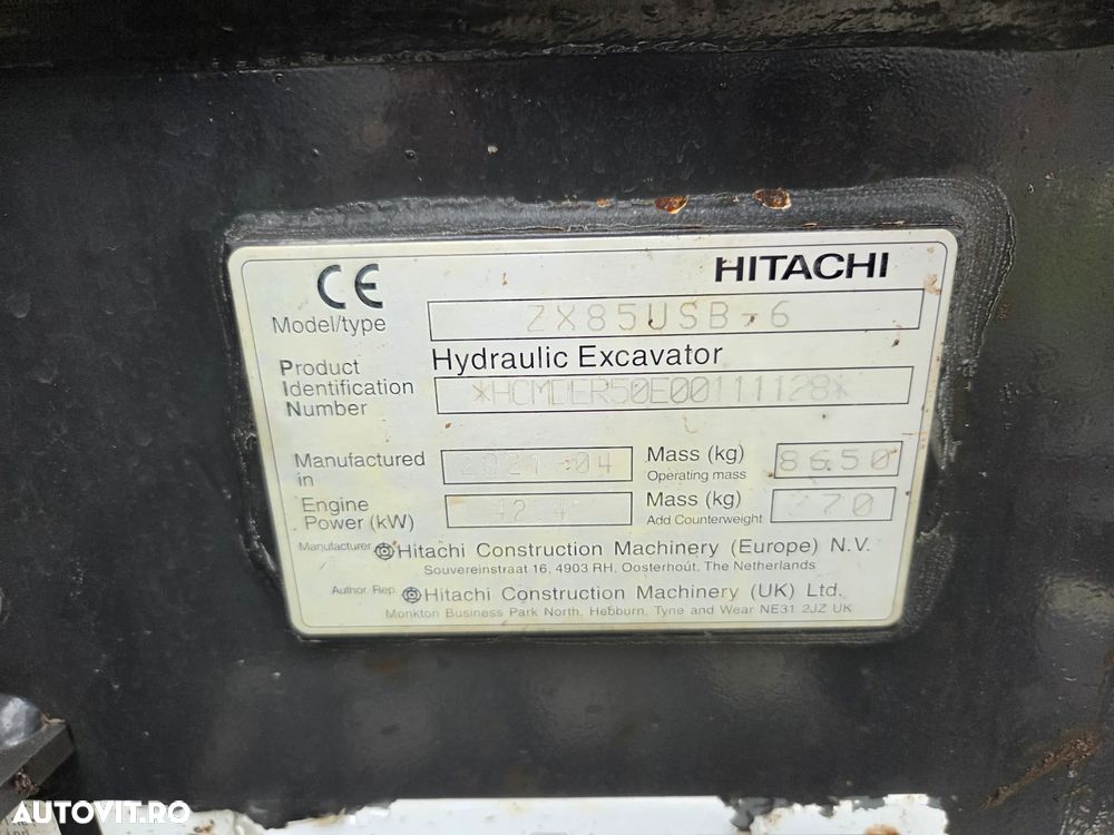 Hitachi ZX85, 2021, 4.088h, CUPLA RAPIDA+3 CUPE NOI, Senile CAUCIUC 90% ok, Inst hidr de picon pe bratele de excavare, A doua inst hidr pe bratele de excavare, Ad sapare 5m, ridica 4,5t, camera spate, 8.650kg, leasing 4 ani-6.500lei/luna, PROMOTIE 56.900 EUR - 11