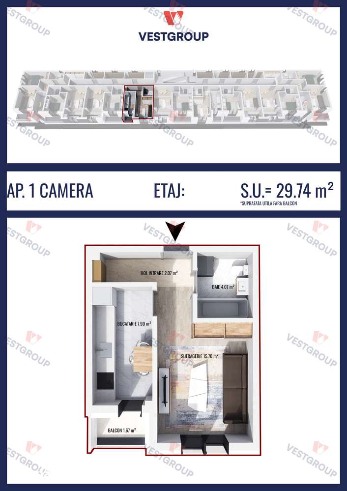 Apartament 1 camere Proiect Weiner 5 Direct Dezvoltator Vest Group - Imagine principală: 2/8