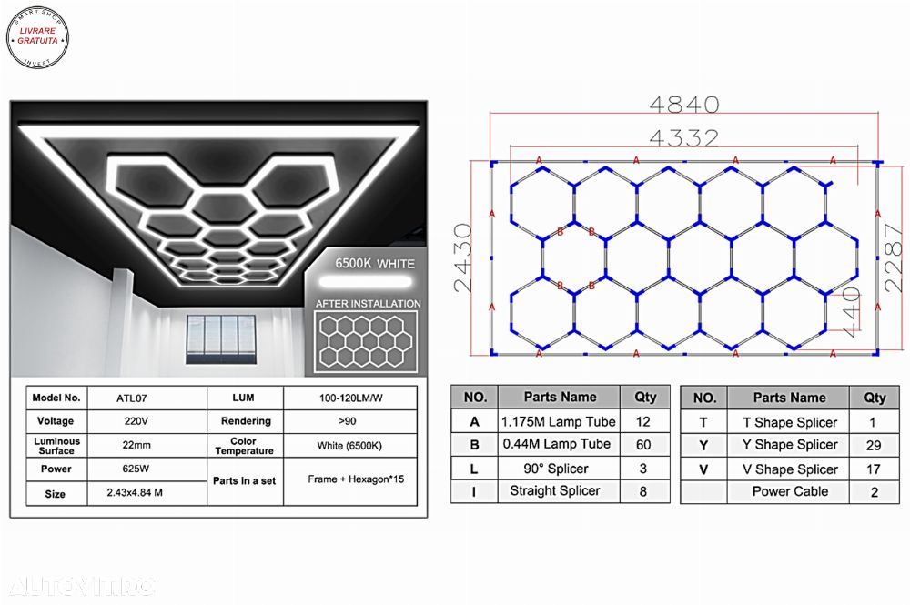 Sistem de Iluminare Plafon Hexagon / HoneyComb 4.33 x 2.28 m  Lumina Ajustabila- livrare gratuita - 3