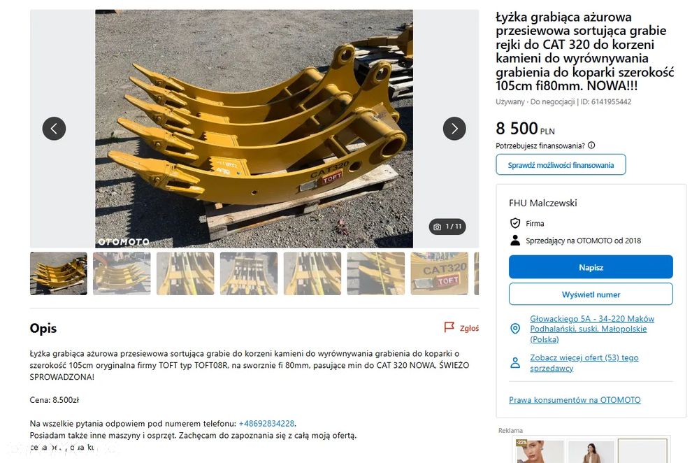Łyżka KBKC grabiąca ażurowa przesiewowa sortująca grabie do korzeni kamieni do wyrównywania grabienia do koparki szerokość 150cm fi 65mm. NOWA. - 3