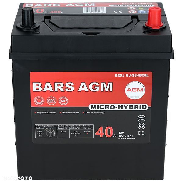 Akumulator Bars HYBRID AGM 40AhP 400A B20J HJ-S34B20L Start-Stop - 12,2kg - 2