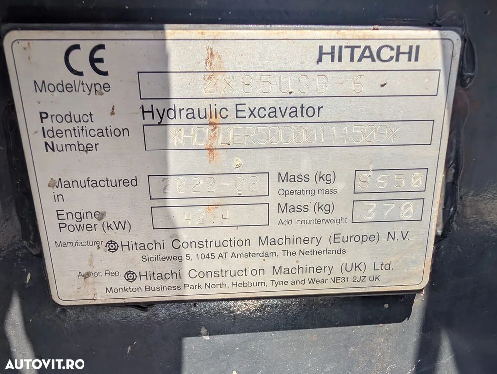 Hitachi ZX85USB-6, 2022, 2.513 ore, Masa 8,6 tone, CUPLA RAPIDA HIDRAULICA+3 CUPE NOI, inst picon pe brate, Camera pt masalier, Aer cond, senile cauciuc 90% ok, ad sapare 6m, computer de bord in romana, CA NOU, posibil leasing 4 ani, PROMOTIE 62.900 Euro+tva - 25