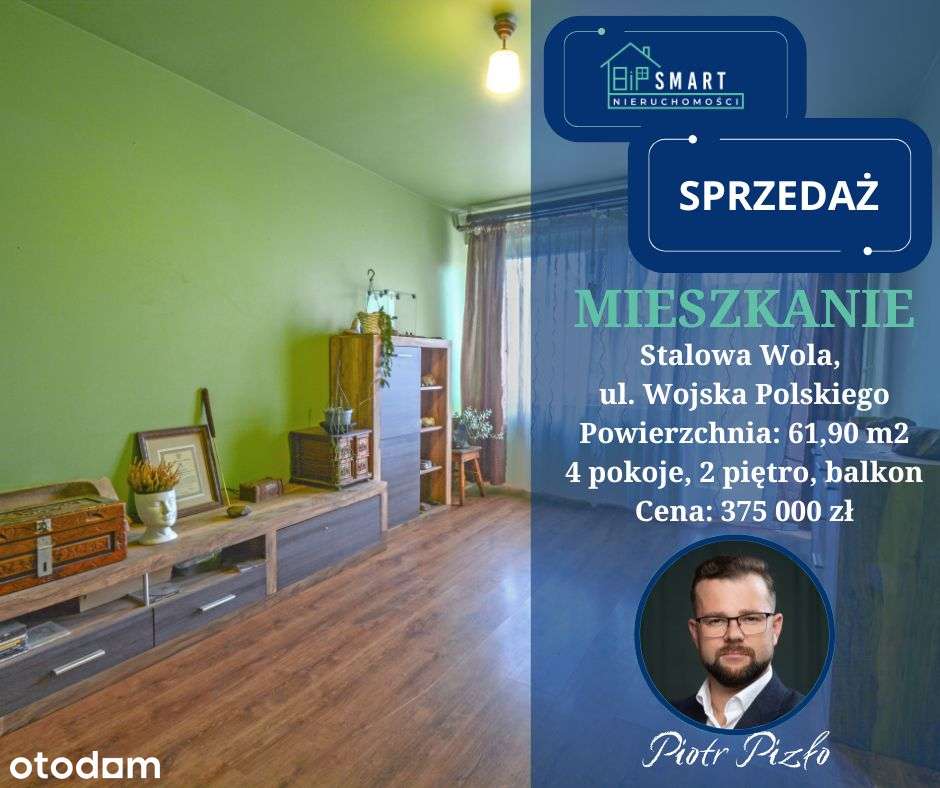 Mieszkanie, 4 pokoje, 2 piętro, 61,90 m², balkon
