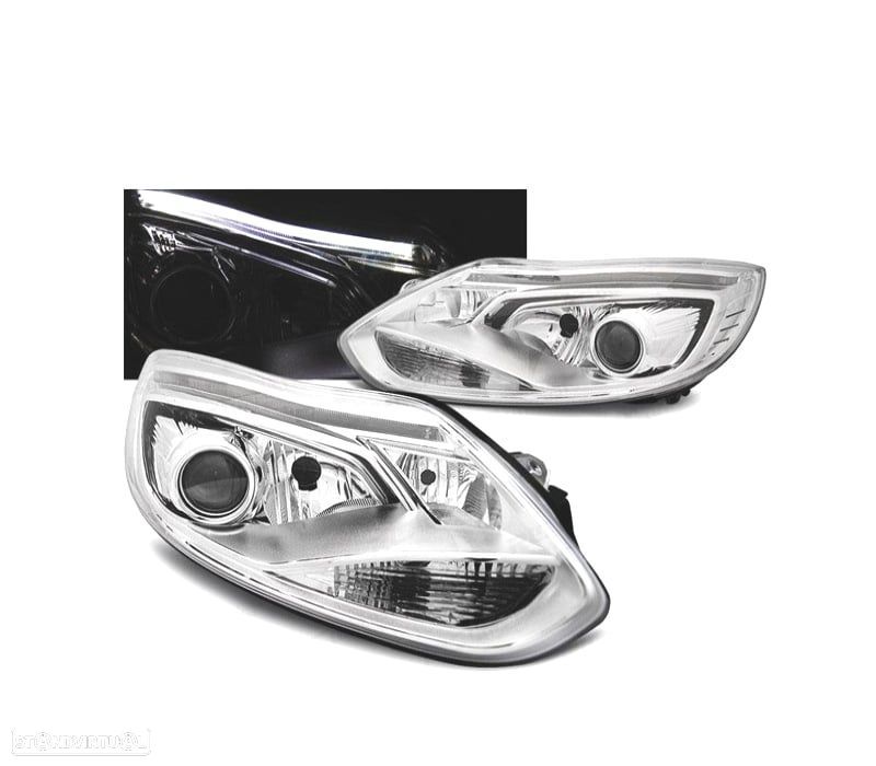 FARÓIS FRONTAIS PARA FORD FOCUS MK3 11-14 TUBE LIGHT FUNDO CROMADO - 1