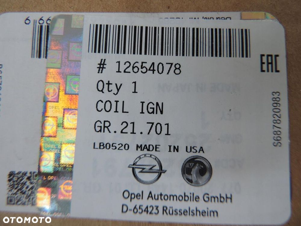 CEWKA ZAPŁONOWA OPEL INSIGNIA A 2,0 T 12654078 25202791 NOWY ORYGINAŁ - 4
