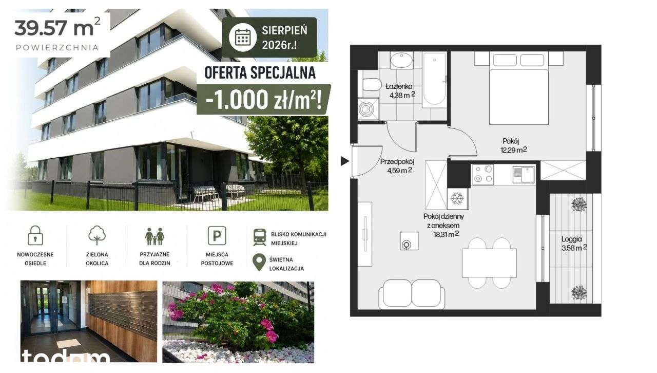 Sierpień'26! 2pok. 39,57m² 2p. Rabat -1000zł/m2