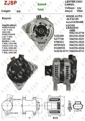 ALTERNATOR FORD FIESTA C-MAX KUGA 2.0 1.6TDCI W-wa - 2