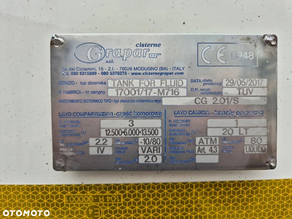 Grapar TECNOKAR / CYSTERNA / PŁYNY SPOŻYWCZE / 32.000L / PODNOSZONA OŚ - 15