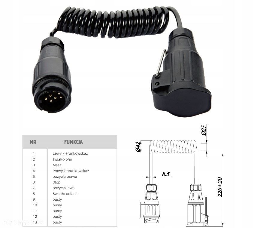 przewód spiralny wtyczka/gniazdo 13 pin 1,5m 8 żył - 4