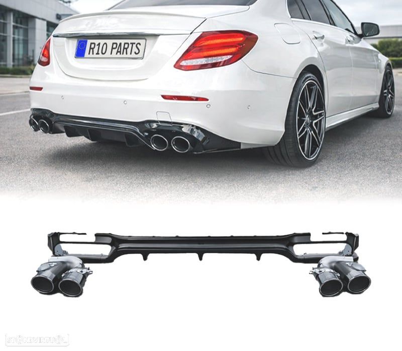 DIFUSOR MERCEDES CLASE E W213 SEDAN 16-19 LOOK AMG E53 PRETO BRILHANTE + PONTEIRAS DE ESCAPE - 1