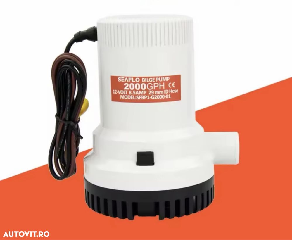 Pompa de apa marina, 2000 GPH 12V 8.5 A 20 ft, 1-1/8" - 1