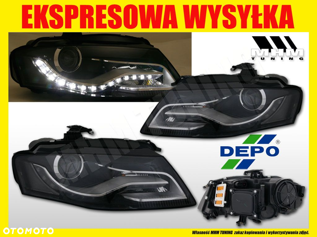 Reflektor Lampa kpl Diody Soczewka Clear Black Xenon look AUDI A4 B8 8K 07- - 2