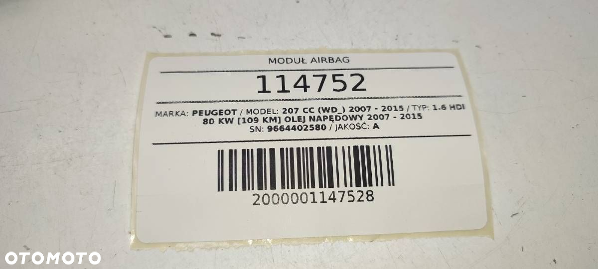 MODUŁ STEROWNIK AIRBAG PODUSZEK POWIETRZNYCH PEUGEOT 207 CC 9664402580 - 5