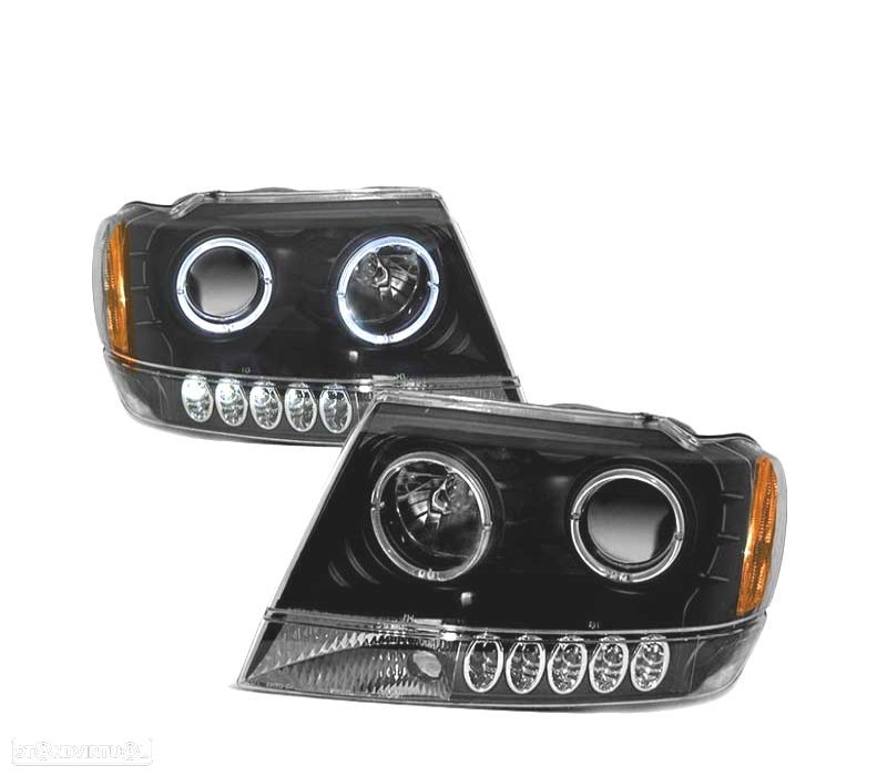 FARÓIS ANGEL EYES LED PARA JEEP GRAND CHEROKEE 99-05 BLACK PRETO - 1