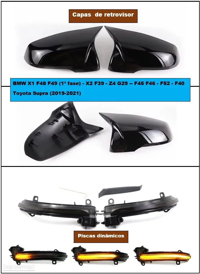 Capas retrovisor preto piano e piscas BMW F39 F40 F45 F48 F52 G29 Toyota Supra - 1