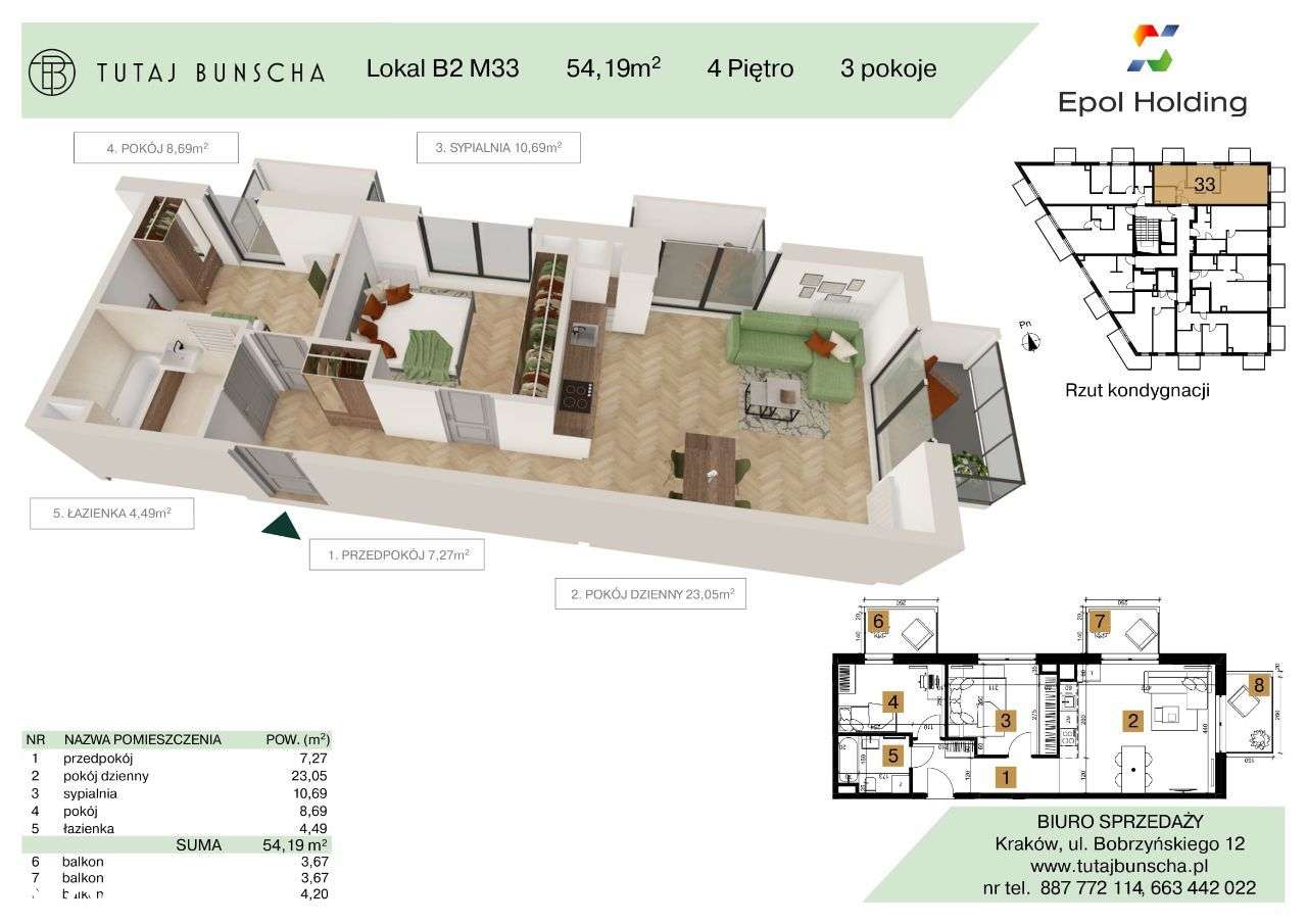 3-pokojowe mieszkanie 54 m2 + 3 balkony 3 i 3 i 4 m2, Bezpośrednio