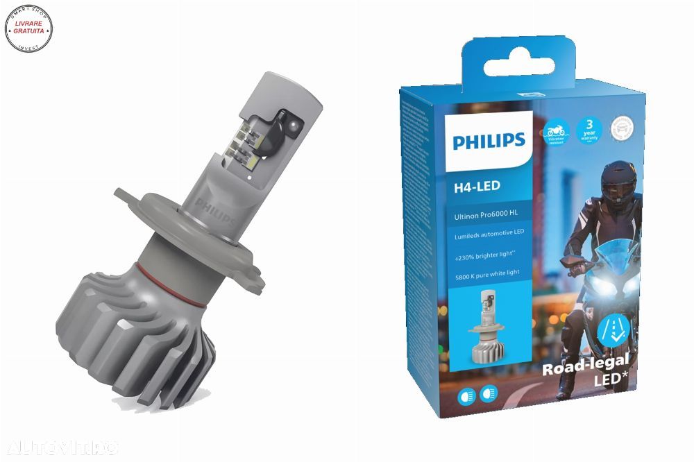 Philips Bec LED H4 12V 18W Ultinon Pro6000 5800K 1 piesa Moto + EcoPro10- livrare gratuita - 2