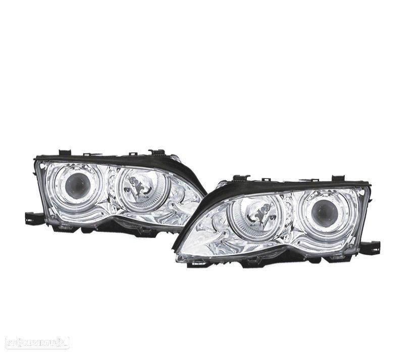 FARÓIS BMW E46 4P 01-05 OLHOS DE ANJO CCFL FUNDO CROMADO - 1