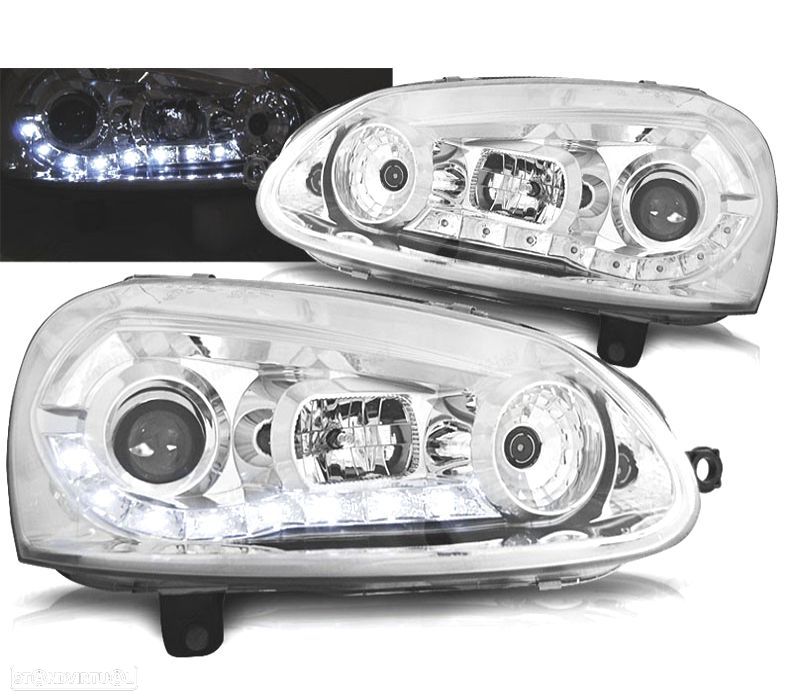 FARÓIS VOLKSWAGEN VW GOLF MK5 03-08 LUZ DIURNA LED FUNDO CROMADO - 1