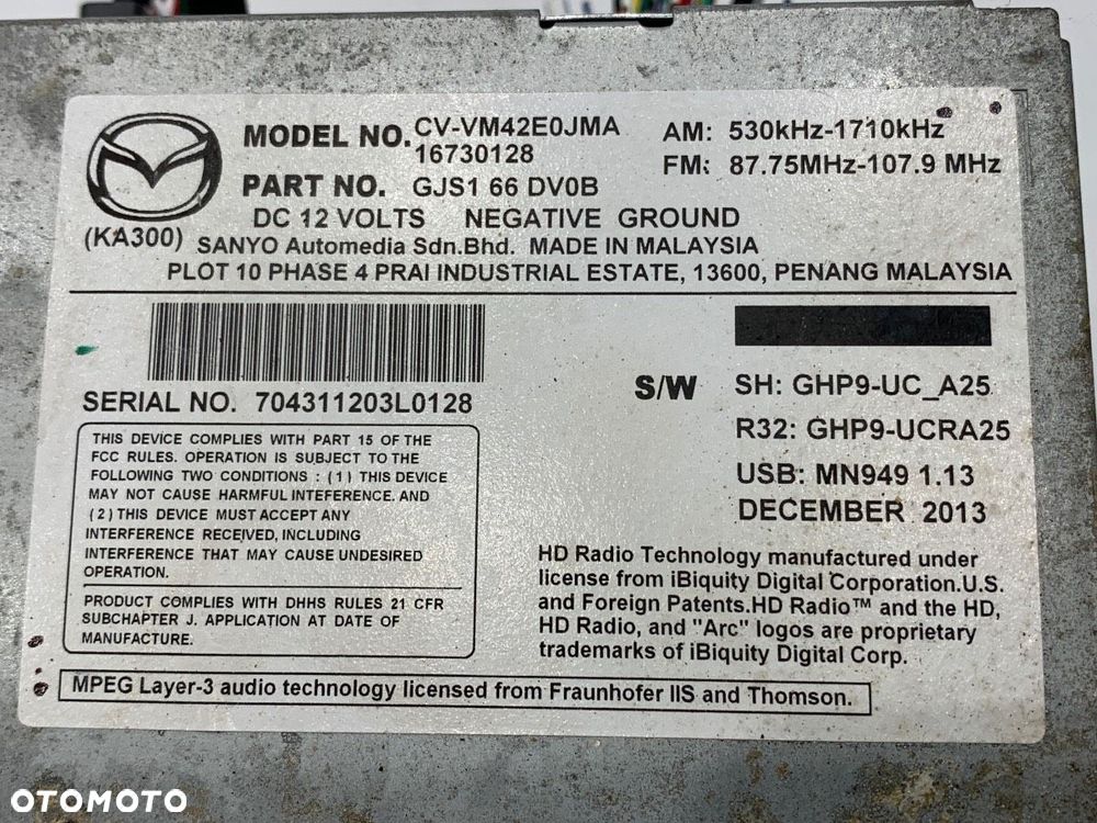 RADIO  MAZDA 6 sedan (GJ, GL) 2012 - 2022 2.5 (GJ5FP) 141 kW [192 KM] benzyna 2013 - 2022 GJS166DV0B - 6