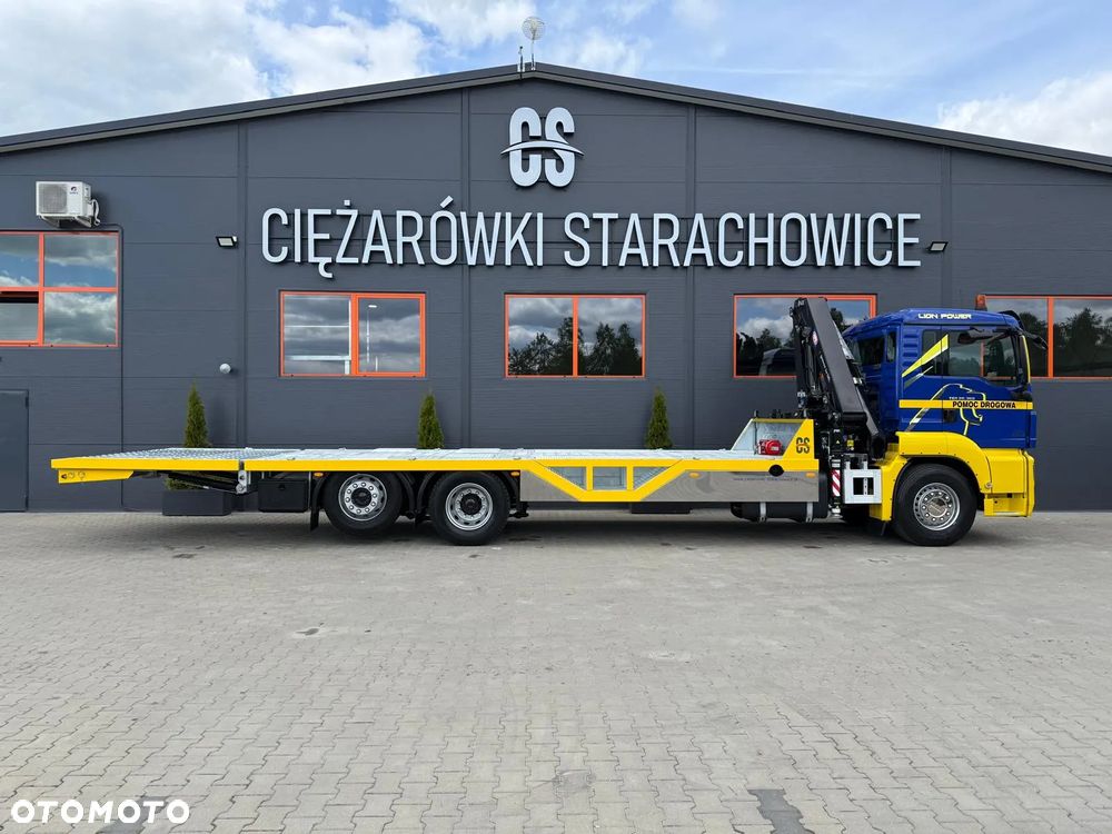 MAN TGS TGX 26.360 E5 laweta uniwersalna 9,36m + Dźwig HDS HMF 1420 K2 / platforma do przewozu kontenerów / pomoc drogowa / platforma / kran krane dzwig hds żuraw - 9