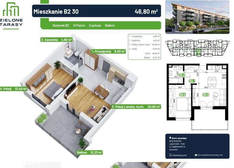 46,81 m2 - 2 pok. - TARAS 12 m2