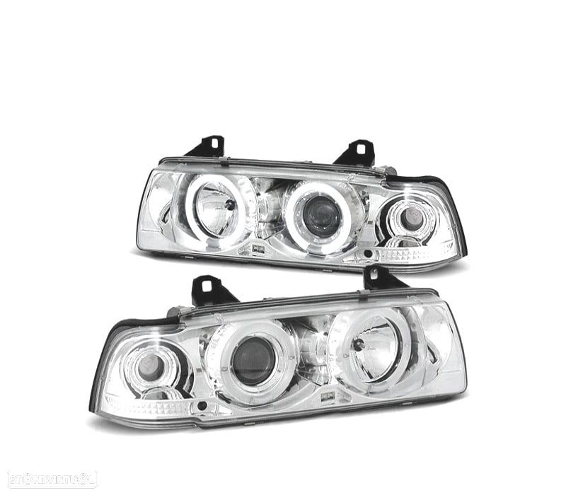 FARÓIS BMW E36 SEDAN 92-98 ANGEL EYES CCFL FUNDO CROMADO - 1