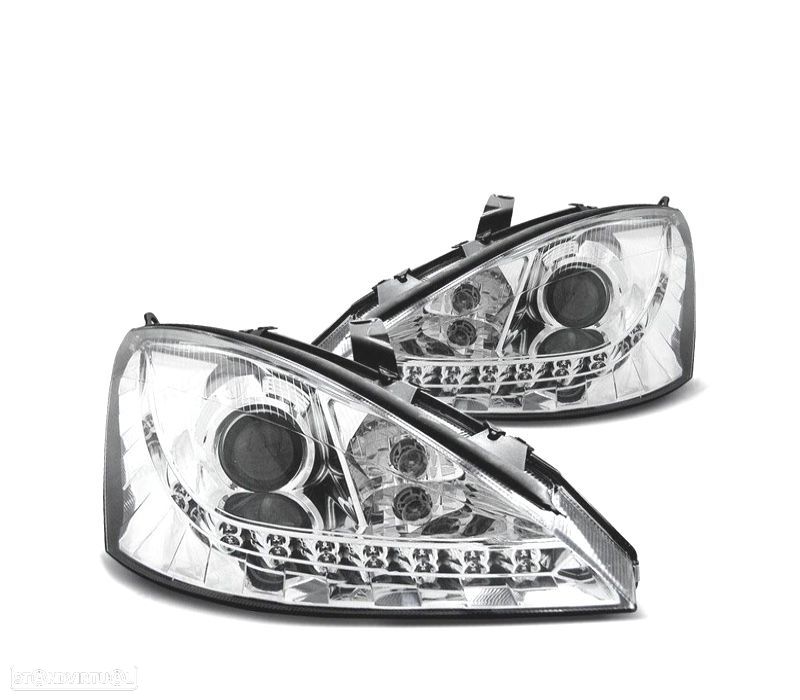FARÓIS FORD FOCUS 01-04 LUZ DIURNA LED FUNDO CROMADO - 1
