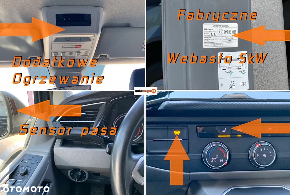 Volkswagen TRANSPORTER T6 TRWAŁY TDI SILNIK DNA 2.0TDI MOC 150KM DSG 7 MOCNA SKRZYNIA DQ-500 AUTOMAT, ZABUDOWA KOMBI VAN MINIBUS SPECJALNA CARAVELLE Reflektory FULL-LED Przód,  Lampy FULL-LED Tył, Kamera, Radar, Czujniki zmiany pasa, 2x boczne drzwi przesuwne! Aktywny tempomat, Podgrzewane fotele, Dwustrefowa Klimatyzacja i ogrzewanie! Fabryczne oryginał WEBASTO 5kW THERMO COMFORT SE Szybkie nagrzewanie silnika zimą! Ilość miejsc 9 osobowy - 8