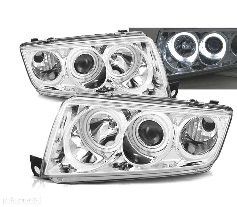 FARÓIS ANGEL EYES SKODA FABIA 99-07 FUNDO CROMADO - 1