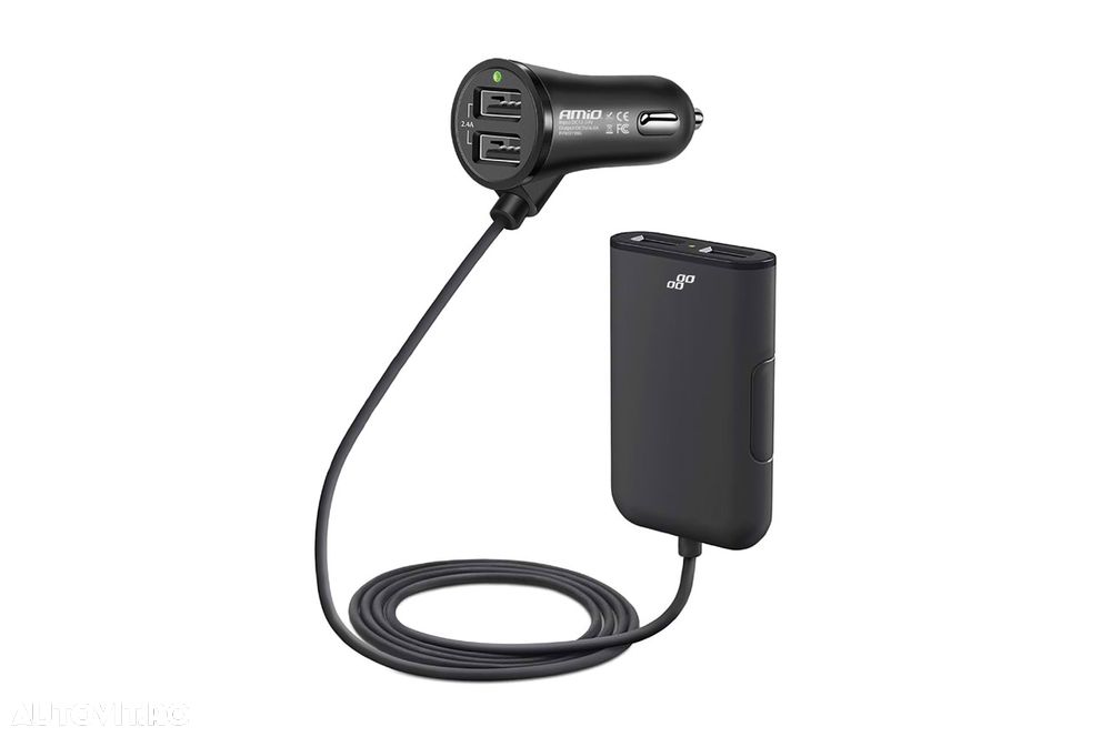 Incarcator auto AMIO 12/24V , 2X USB 2.4A 5V fisa pricheta + 2X USB 2.4A 5V extindere 1.5m pentru pasageri spate - 1
