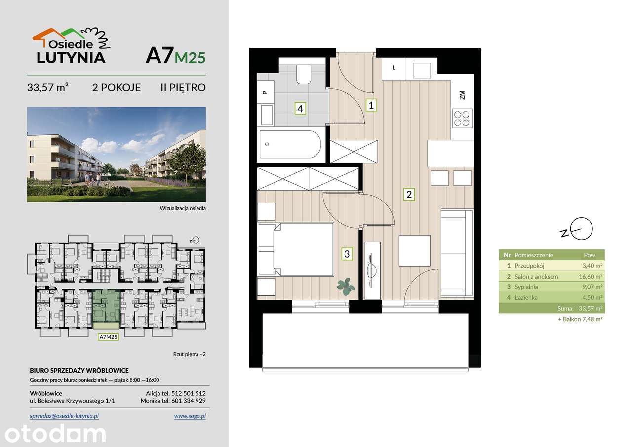 2 pokoje | 33,57 m² | duży balkon 7,48 m2 | Lutynia