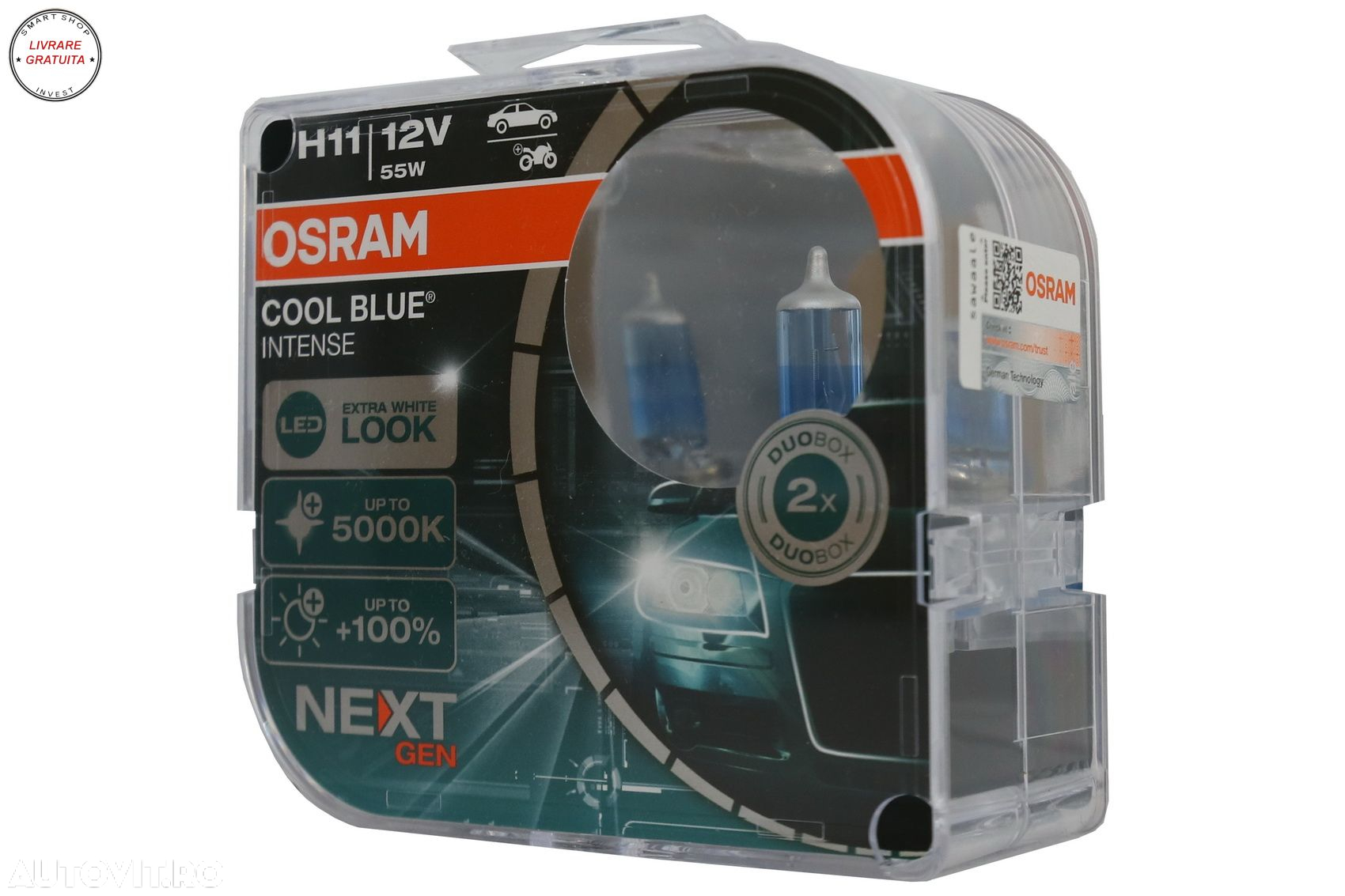 Set 2 Becuri Auto-Moto Halogen NEXT GEN Osram Cool Blue Intense H11 64211CBN-HCB 1- livrare gratuita - 2