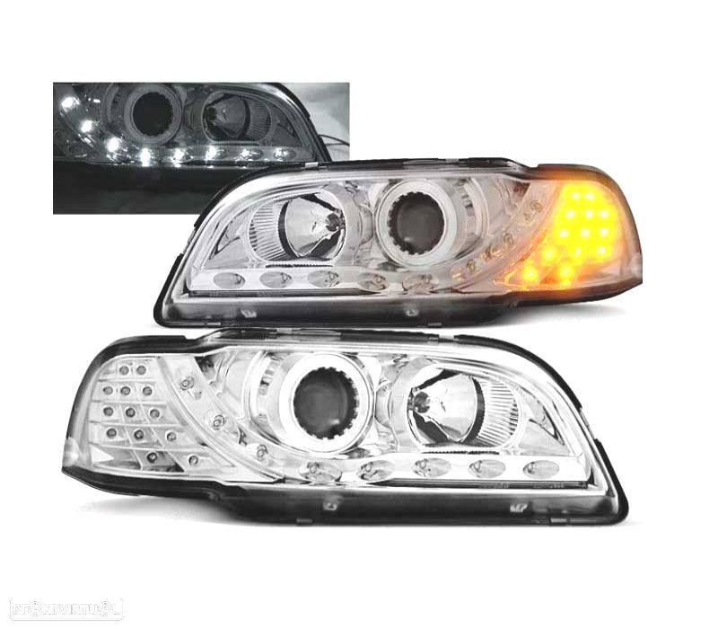 FARÓIS COM LUZ DIURNA LED VOLVO S40 V40 96-00 FUNDO CROMADO - 1