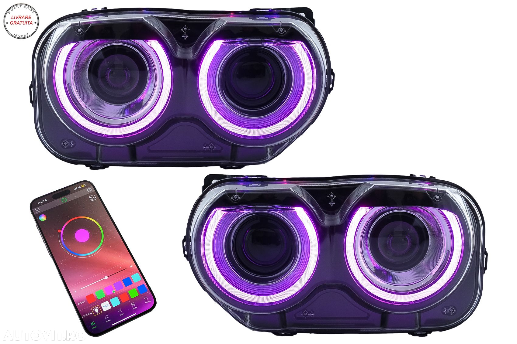 Faruri LED Dodge Challenger (2015-2024) Negru cu Lumini RGB- livrare gratuita - 13