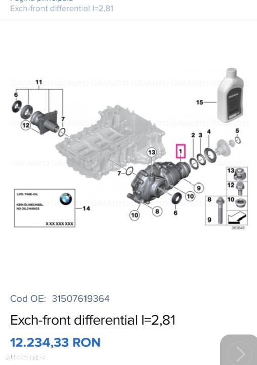 grup diferențial fata 2.81 750xi benzină V8 N63B44B 450hp 650ix F01 F01 F10 550xi xdrive 4x4 F13 raport 281 merge doar la model pe benzină - 5