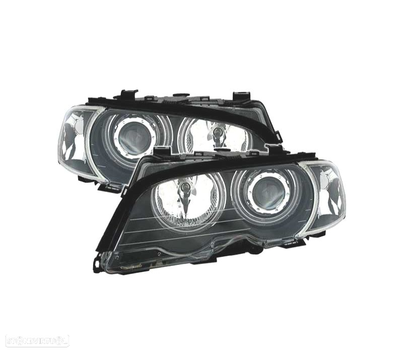 FARÓIS OPTICAS ANGEL EYES CCFL LED + PISCAS BMW E46 COUPE 99-03 FUNDO PRETO - 3