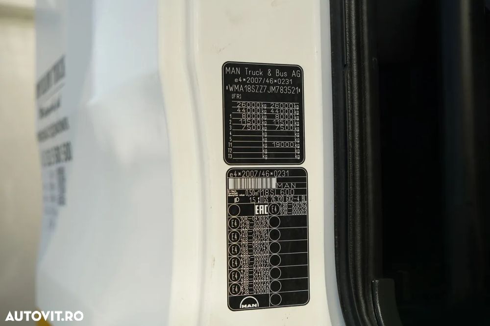 MAN / 6.6 M CAROSERIE + CUPTOR PALFINGER PK 18002-EH B / MAX. CAPACITATE DE RIDICARE: 6.000 KG / FURCĂ PENTRU PALEȚI / COMANDĂ RADIO / ROTATOARE / PODEA REZISTENTĂ - 33