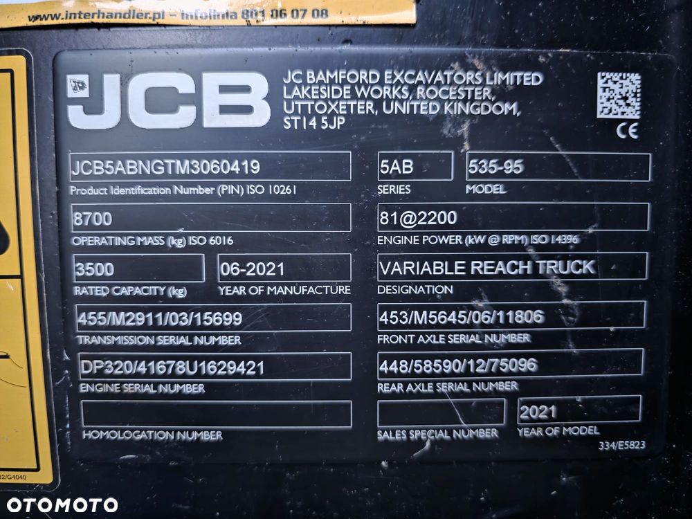 JCB 535-95 ŁADOWARKA TELESKOPOWA STAGE V 109 KM Mało MTG 572 Udźwig 3500 kg WYSOKOŚĆ ZAŁADUNKU 9,5 m Jak Nowa Klimatyzacja Widły do palet Szybkozłącze hydrauliczne - 8