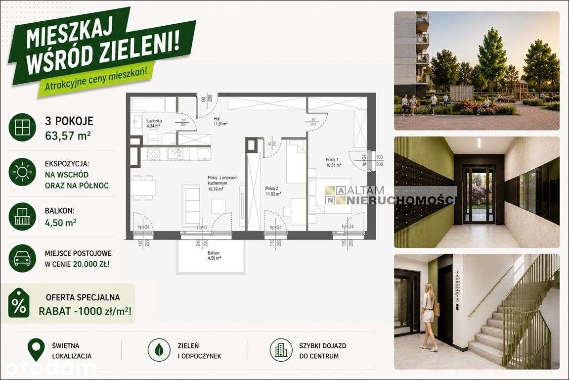 -1000zł/m²! 3pok. 63,57m² Balkon 4,5m² Mp20tys. 0%
