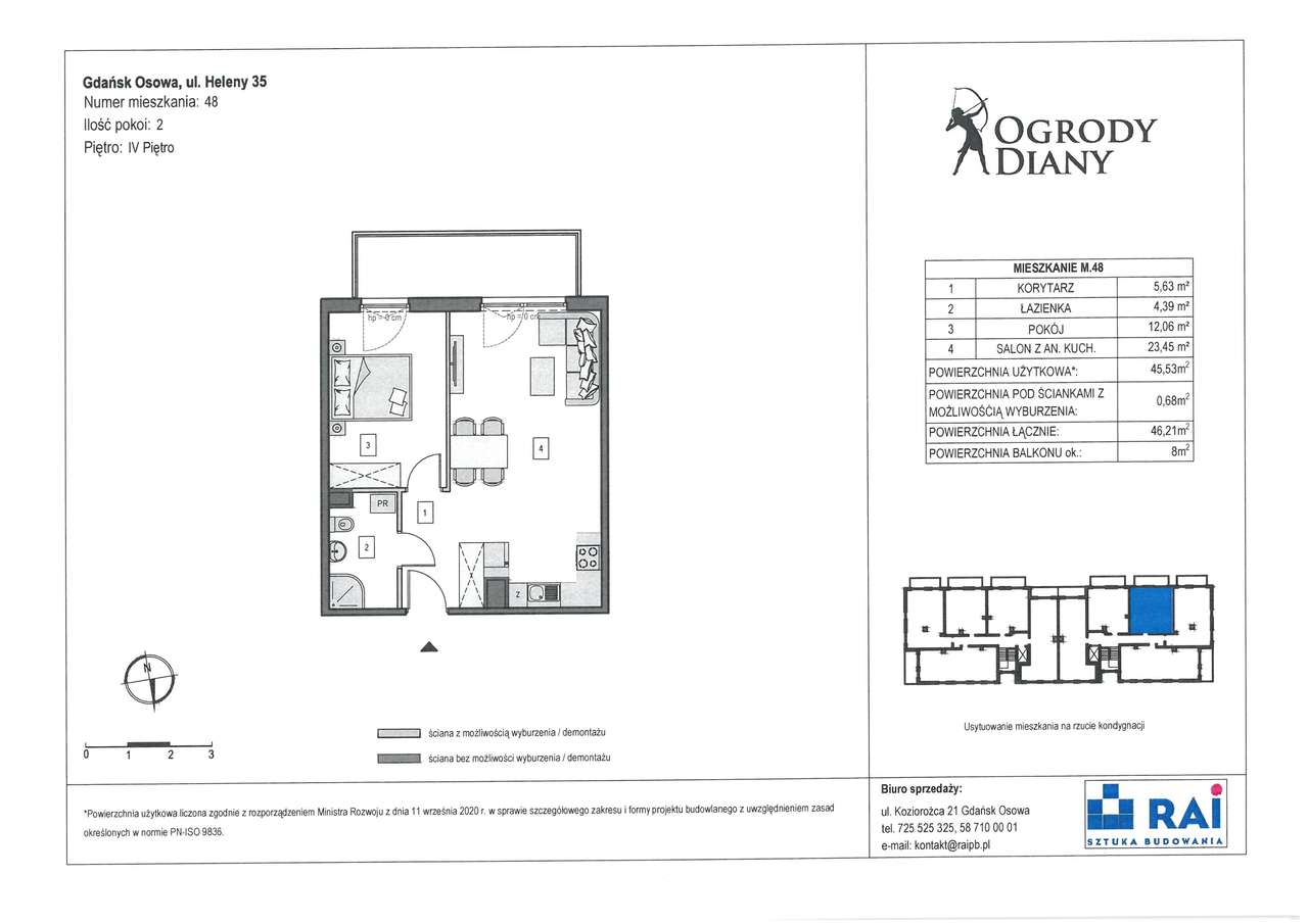 2-pokojowe mieszkanie 45m2 + balkon