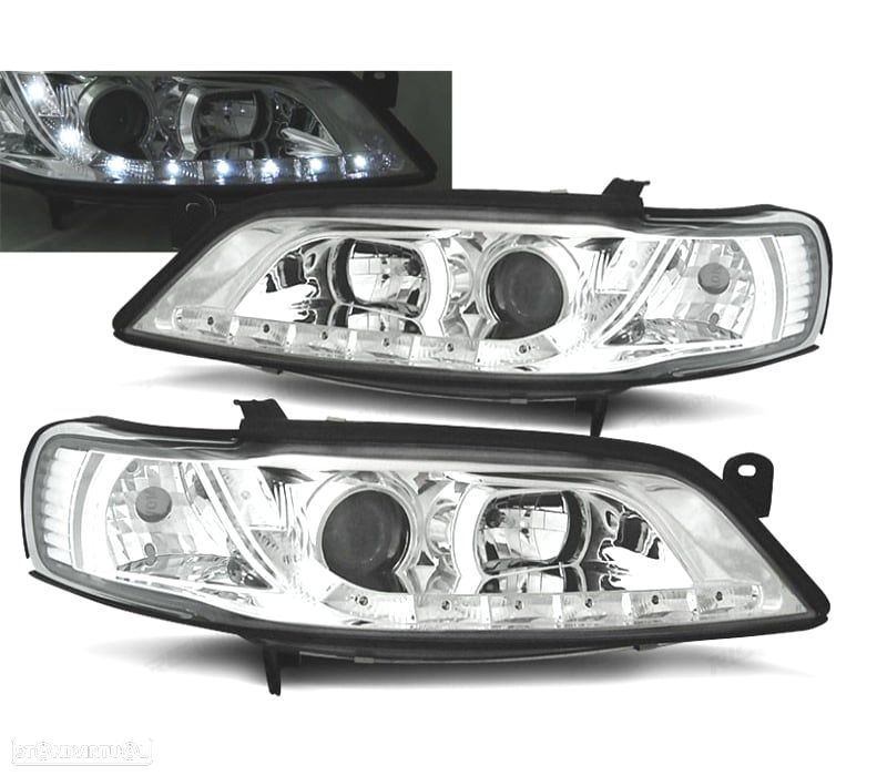 FARÓIS FRONTAIS LUZ DIURNA LED PARA OPEL VECTRA B 95-98 FUNDO CROMADO - 1